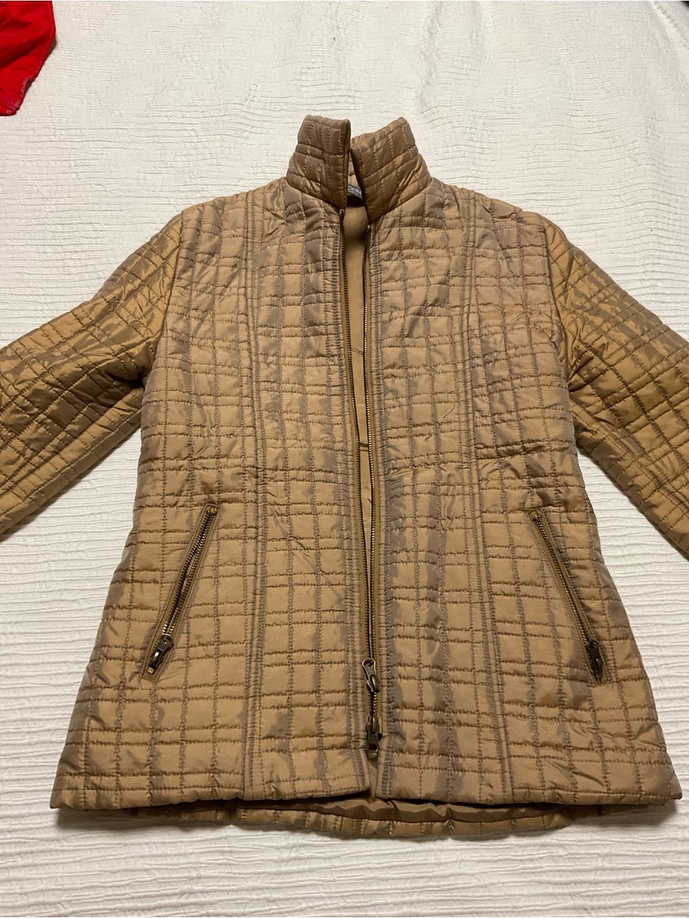 Quilted Light Brown Puffer Jacket with Stand Collar